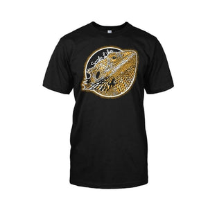 Bearded Dragon T-Shirt, Yellow or Orange bearded dragon with black background looking up at you.