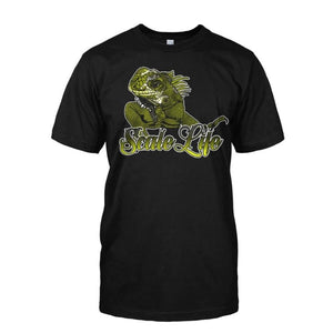 Green Iguana T-Shirt, Green Iguana looking up with a black background.