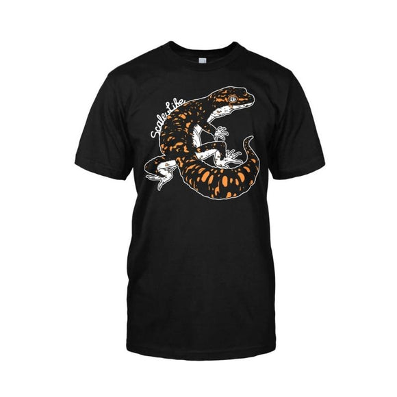 Leopard Gecko T-Shirt, Orange and black leopard gecko with a white underbelly, black background