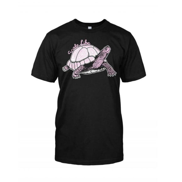 Pink Tortoise T-Shirt, Pink Tortoise looking up with a black background