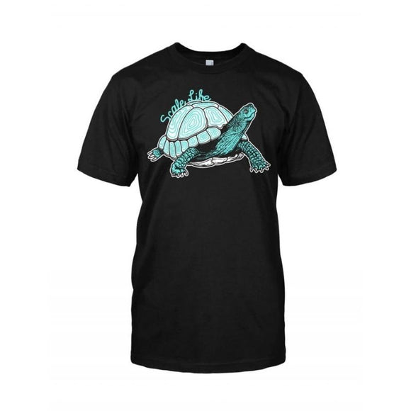 Teal Tortoise T-Shirt, Teal Tortoise on a black background looking up at you